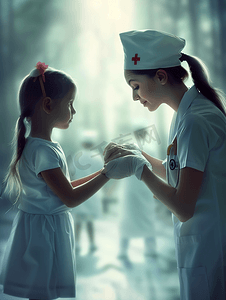 护士牵着女孩的手