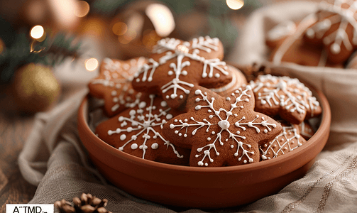 圣诞树摄影照片_棕色陶瓷盘上美丽的姜饼配有圣诞树装饰