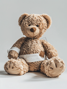破碎的图摄影照片_受伤的泰迪熊白底带绷受伤的泰迪熊带绷