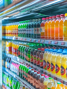 家电卖场开业摄影照片_超市饮料货架冰箱模糊饮料