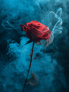 蓝色背景中美丽的红玫瑰周围有蓝色烟雾