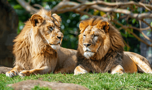 狮子和母狮坐在墨西哥动物园的草地上休息