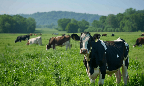 红色小五角星摄影照片_阿米什农场田野里有斑点奶牛和牛