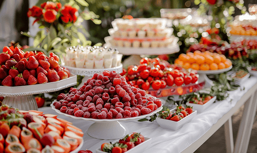 色彩餐具摄影照片_漂亮的婚礼糖果吧配有糖果水果和食物婚宴桌
