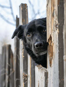 黑色流浪狗在栅栏上挖了一个洞