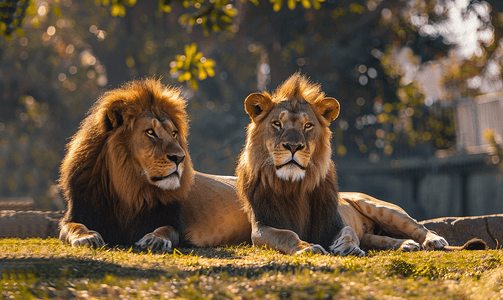 坐草地上摄影照片_狮子和母狮坐在墨西哥动物园的草地上休息