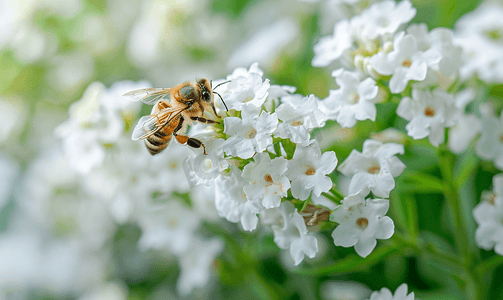 甜杏仁马鞭草白花上的蜜蜂