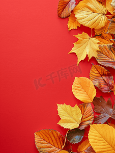 黄色秋季背景摄影照片_红纸背景上美丽明亮的秋叶带复制空间