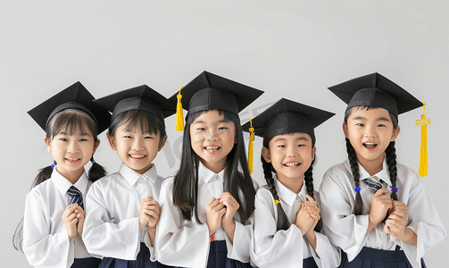 一群快乐的亚洲小学生戴着毕业帽毕业