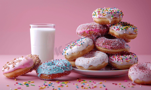 油炸食品摄影照片_粉红色背景中装饰着一堆彩色甜甜圈和一杯牛奶