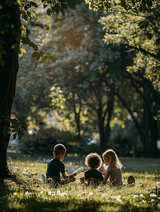 小说banner摄影照片_三个孩子在公园里读书