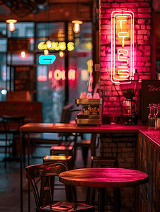 咖啡店内角之一霓虹灯亮起的照片