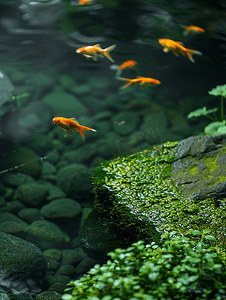 禅宗绿色花园池塘里的金鱼