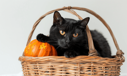 黑猫是万圣节的象征放在柳条篮里还有橙色的南瓜
