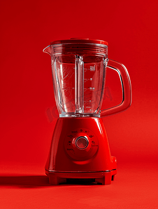 红色背景上带空杯的电动搅拌机