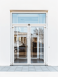 日料店门头摄影照片_白色现代双玻璃门窗框前店孤立在白色背景上