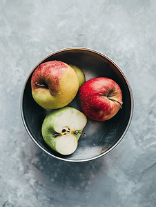 金属碗配有绿黄红苹果和一个被咬的苹果特写顶视图