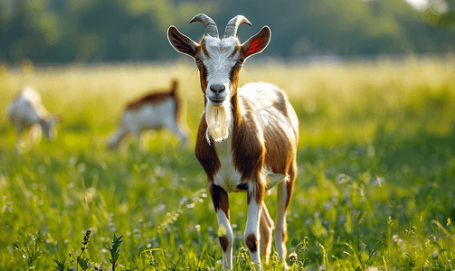 动物的角摄影照片_美丽而快乐的山羊在绿色平原上吃草