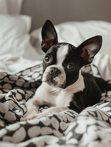 一只可爱的小波士顿梗犬躺在床上的肖像