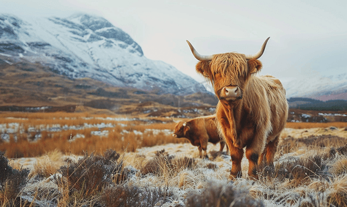 树干卡通摄影照片_牧场上的苏格兰高地牛