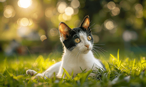 阳光明媚的日子一只黄眼睛的黑白猫坐在公园的草地上