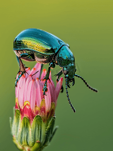 萤火虫之墓摄影照片_金龟子彩色甲虫坐在花上