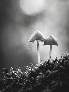 两个花丝小蘑菇在带有光斑的苔藓上以黑白照片拍摄