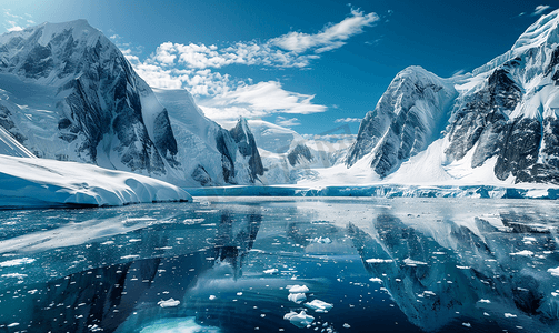 被白雪覆盖的山脉包围的大型冰川融化