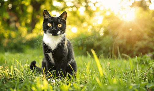 阳光明媚的日子一只黄眼睛的黑白猫坐在公园的草地上