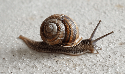 混凝土地板上的大螺旋蜗牛特写