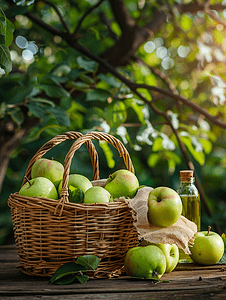 木质背景上放着成熟青苹果和一瓶苹果醋的柳条篮