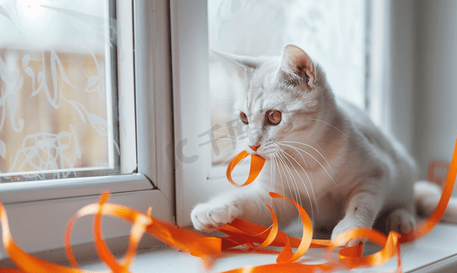 绸带丝带飘带摄影照片_有趣的白色虎斑猫正在窗边玩橙色丝带