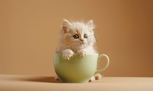 米色背景中一只奶油色的异国小猫正坐在一个绿色的大杯子里