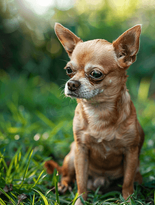 悲伤的吉娃娃狗坐在花园的绿草上眼里含着泪水哭泣