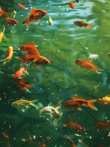 水池摄影照片_禅宗绿色花园池塘里的金鱼