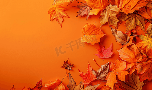 标题框gufeng摄影照片_橙色纸背景上美丽明亮的秋叶带复制空间