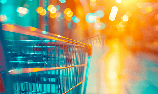 消费者购买产品摄影照片_有超市过道的购物车模糊抽象背景