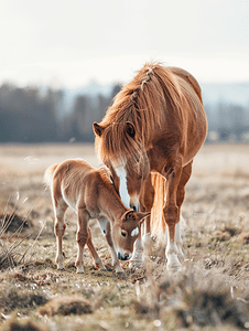 田野里吃草的迷你马母马和她的小马驹