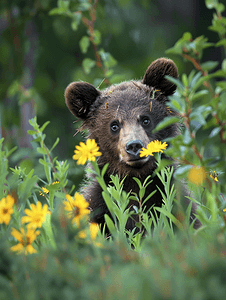 可爱棕熊摄影照片_荒野中的一只小熊
