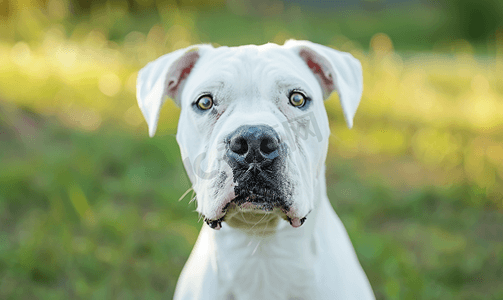 公园里不同颜色眼睛的白色拳击手狗的肖像
