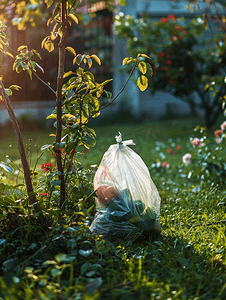 一个塑料袋扔在花园里