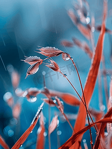 蓝色叶子水滴摄影照片_秋季蓝色背景雨天草叶上的水滴