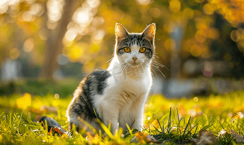 阳光明媚的日子里黄眼睛的严肃黑白猫正坐在公园的草地上