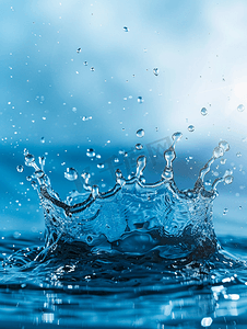 生命水摄影照片_蓝色背景中带有反射和水滴的水花