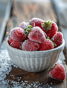 木桌白碗里的冷冻草莓上面覆盖着白霜