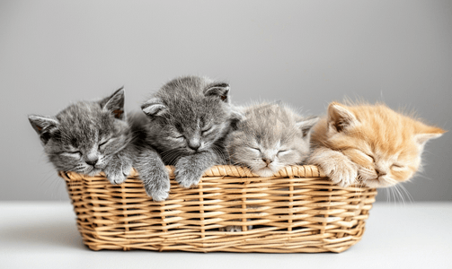 四只英国小猫坐在柳条篮里一只小猫正在睡觉