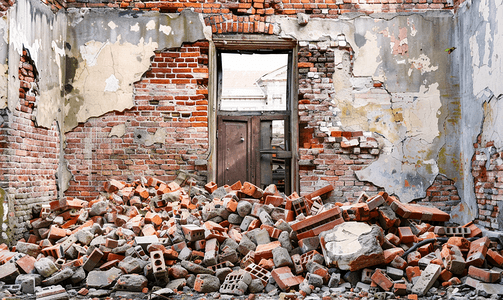 被拆除建筑的残骸是一堆砖块和一堵带门的墙