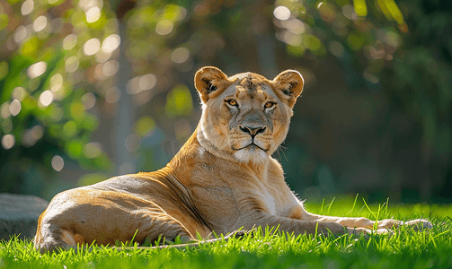 墨西哥自然摄影照片_豹狮子座母狮坐在草地上休息墨西哥瓜达拉哈拉动物园