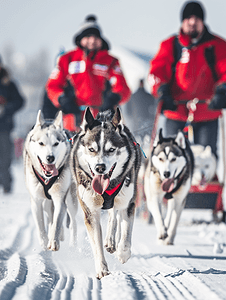 哈士奇疑问摄影照片_雪橇犬比赛哈士奇雪橇犬队与狗司机一起拉雪橇冬季比赛