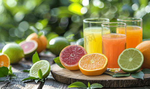 木桌上乡村风格的果汁和柑橘类水果杯